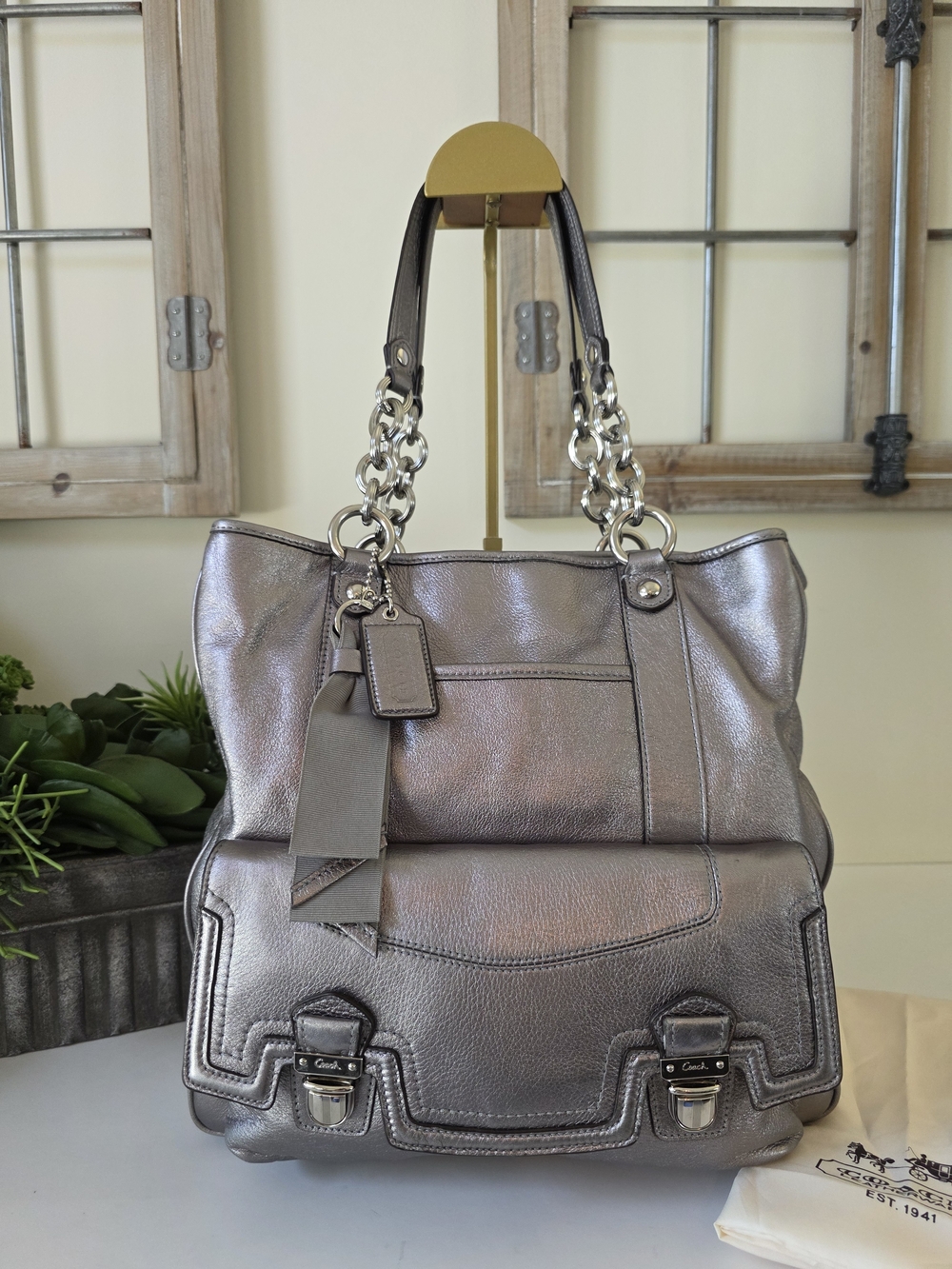 Coach Poppy Pushlock Metallic Leather Tote Y2K Silver Gray - Picture 6 of 16